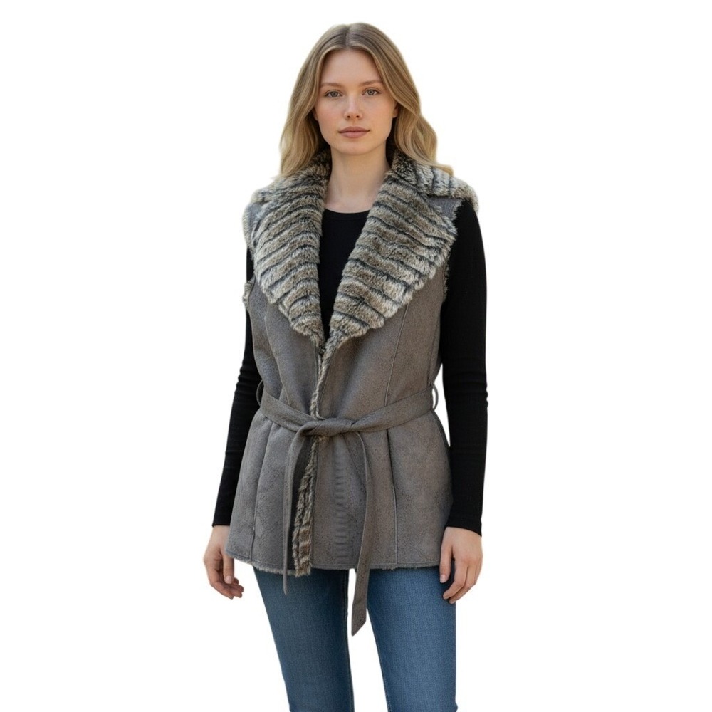 Alberto Makali Faux Fur‎ Suede Vest Womens L Gray Excellent Snakeskin Belted